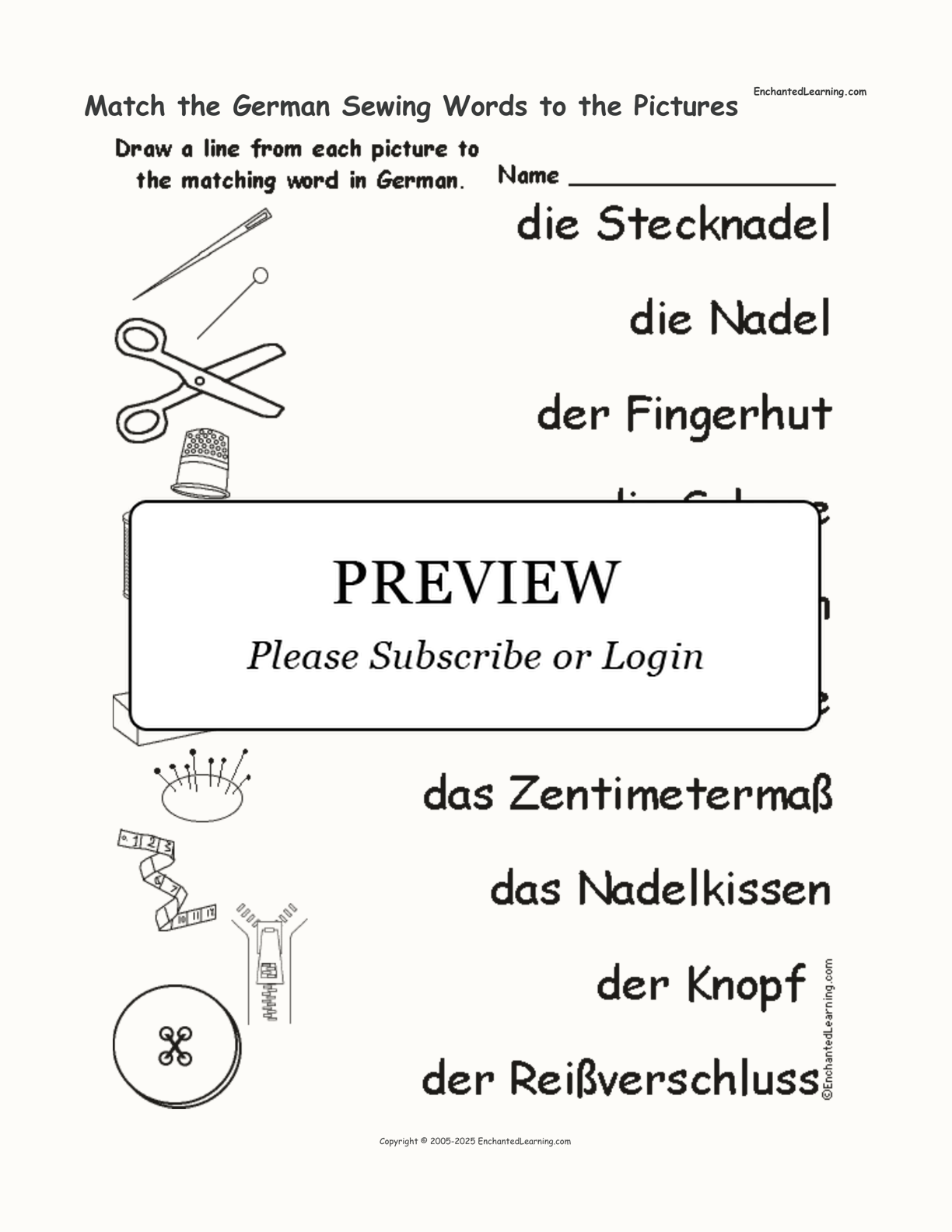 Match the German Sewing Words to the Pictures interactive worksheet page 1