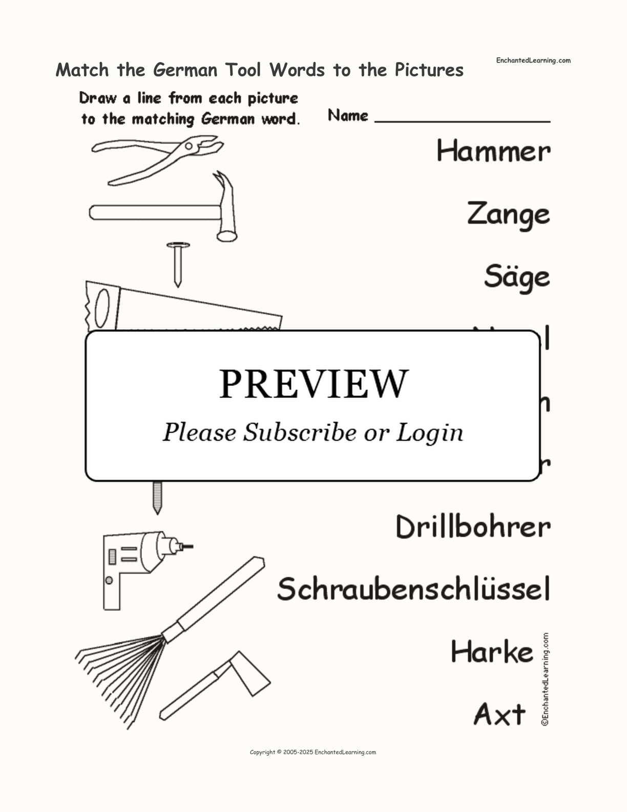 Match the German Tool Words to the Pictures interactive worksheet page 1