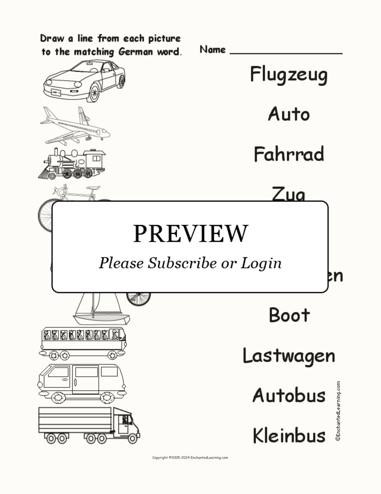 Match the German Vehicle Words to the Pictures interactive worksheet page 1