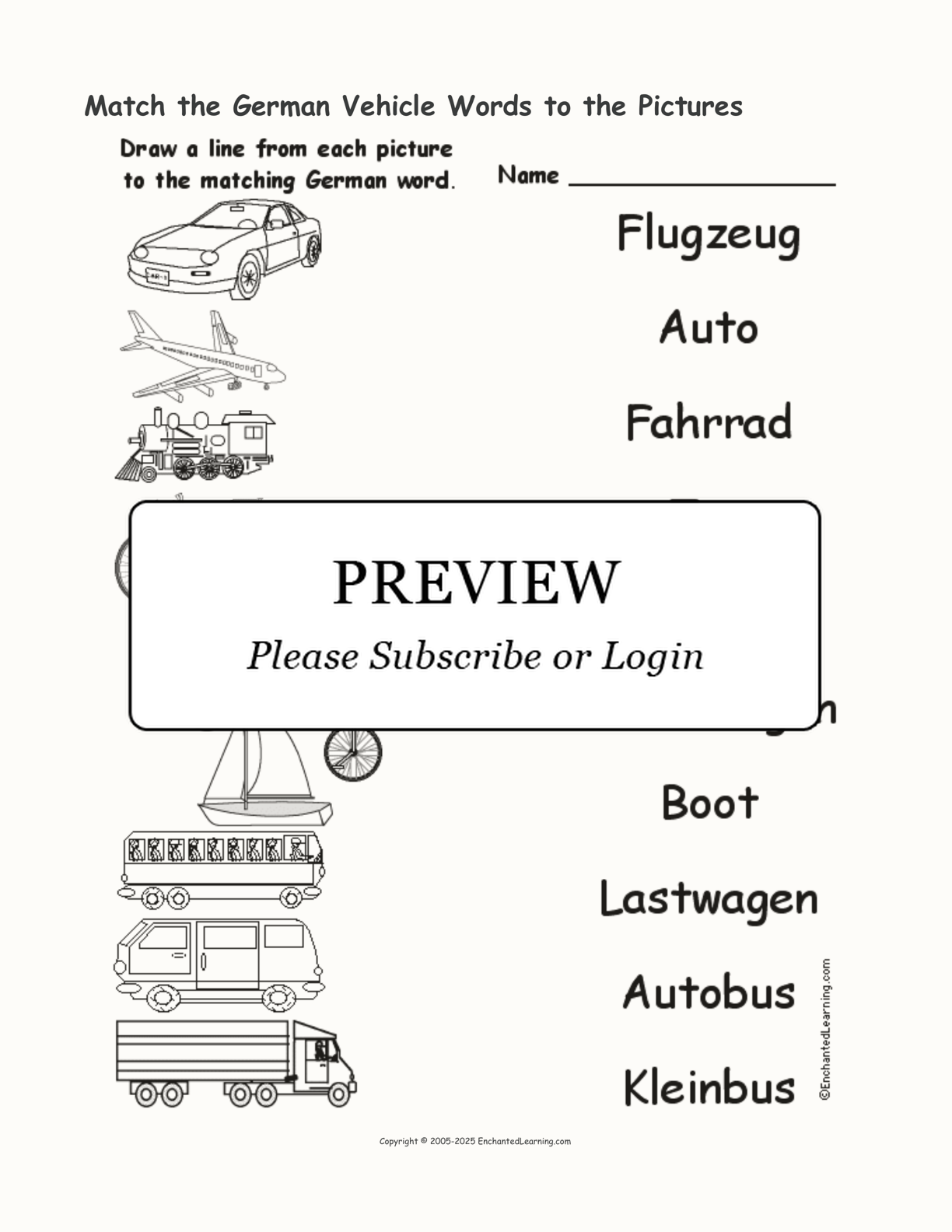 Match the German Vehicle Words to the Pictures interactive worksheet page 1