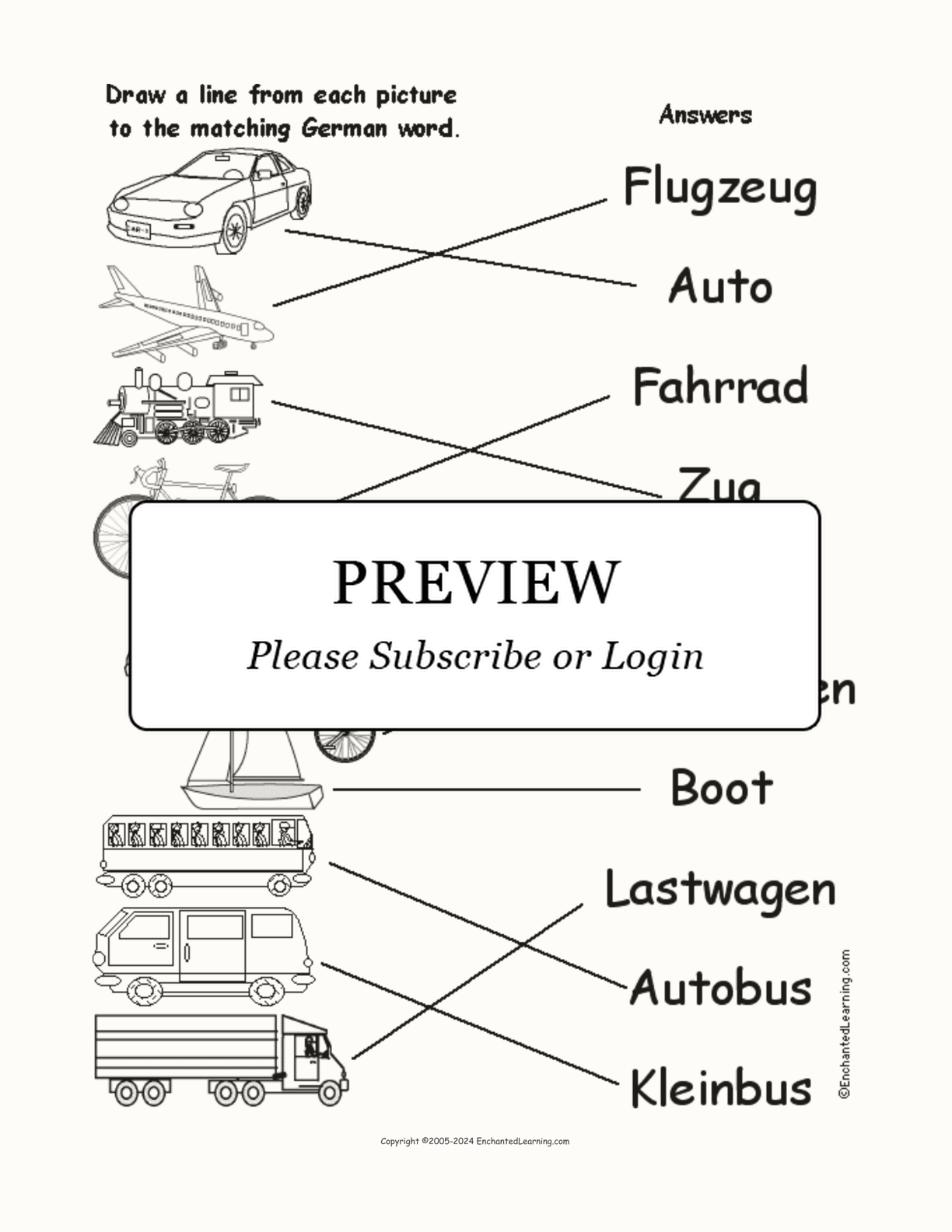 Match the German Vehicle Words to the Pictures interactive worksheet page 2