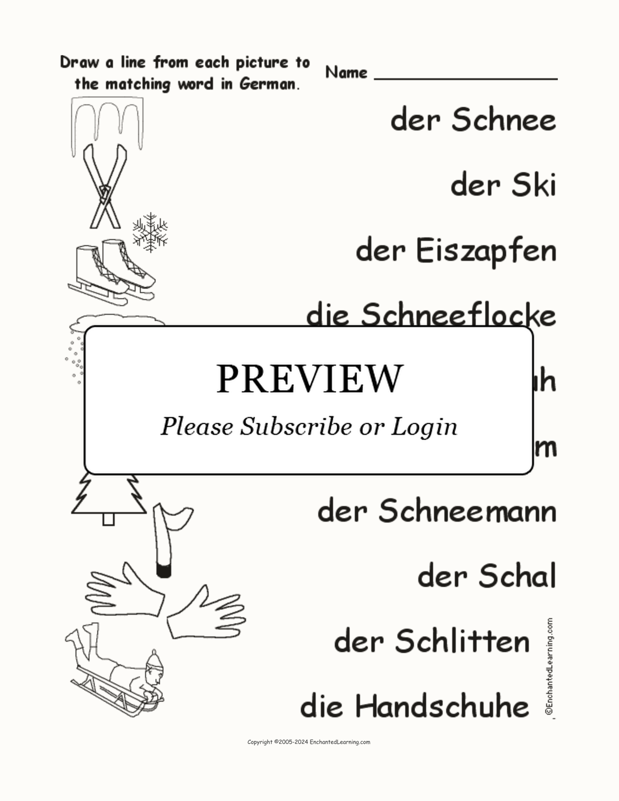 Match the German Winter Words to the Pictures interactive worksheet page 1