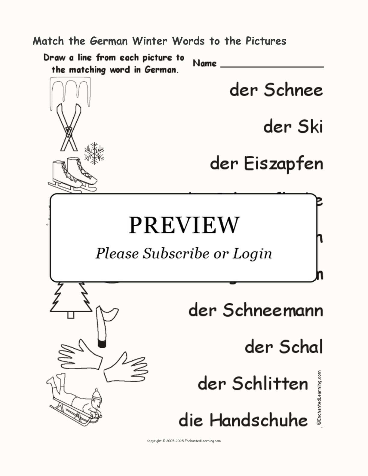 Match the German Winter Words to the Pictures interactive worksheet page 1