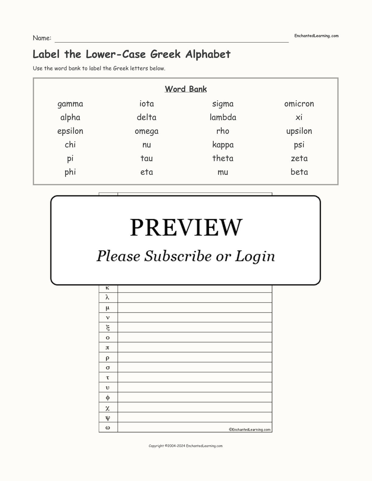 Label the Lower-Case Greek Alphabet interactive worksheet page 1