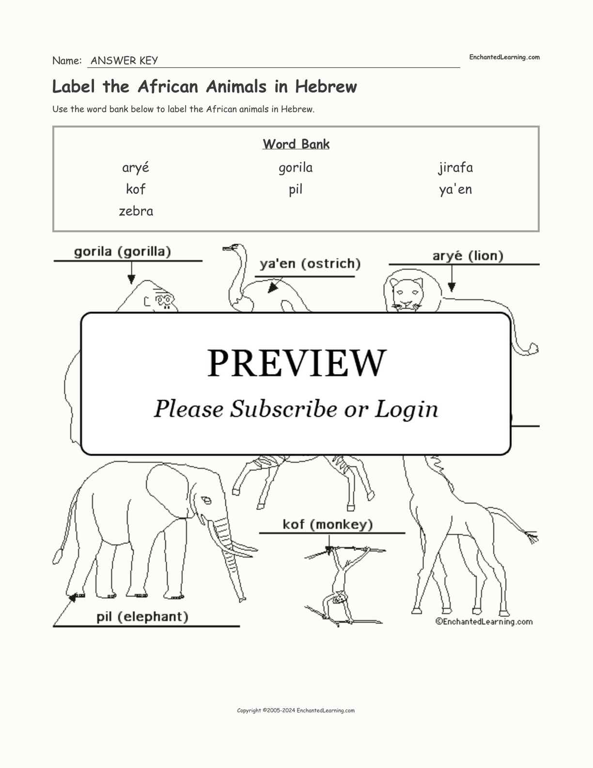 Label the African Animals in Hebrew interactive worksheet page 2