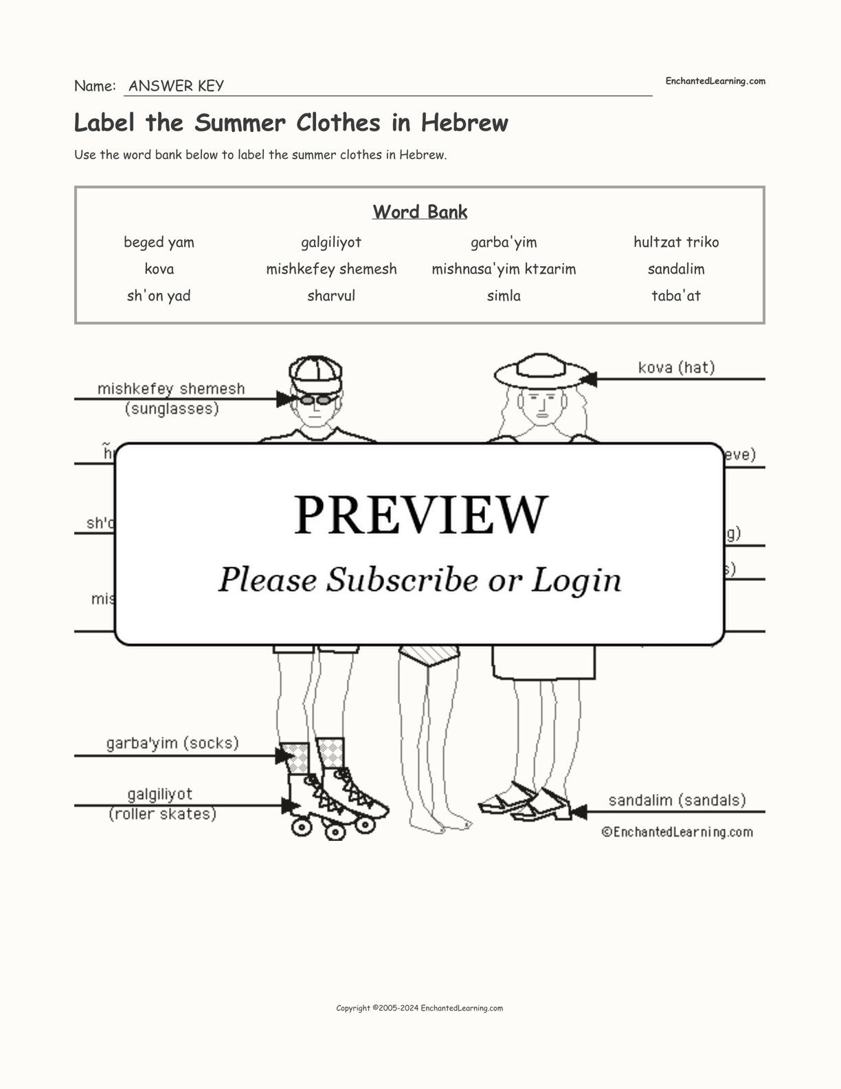 Label the Summer Clothes in Hebrew interactive worksheet page 2