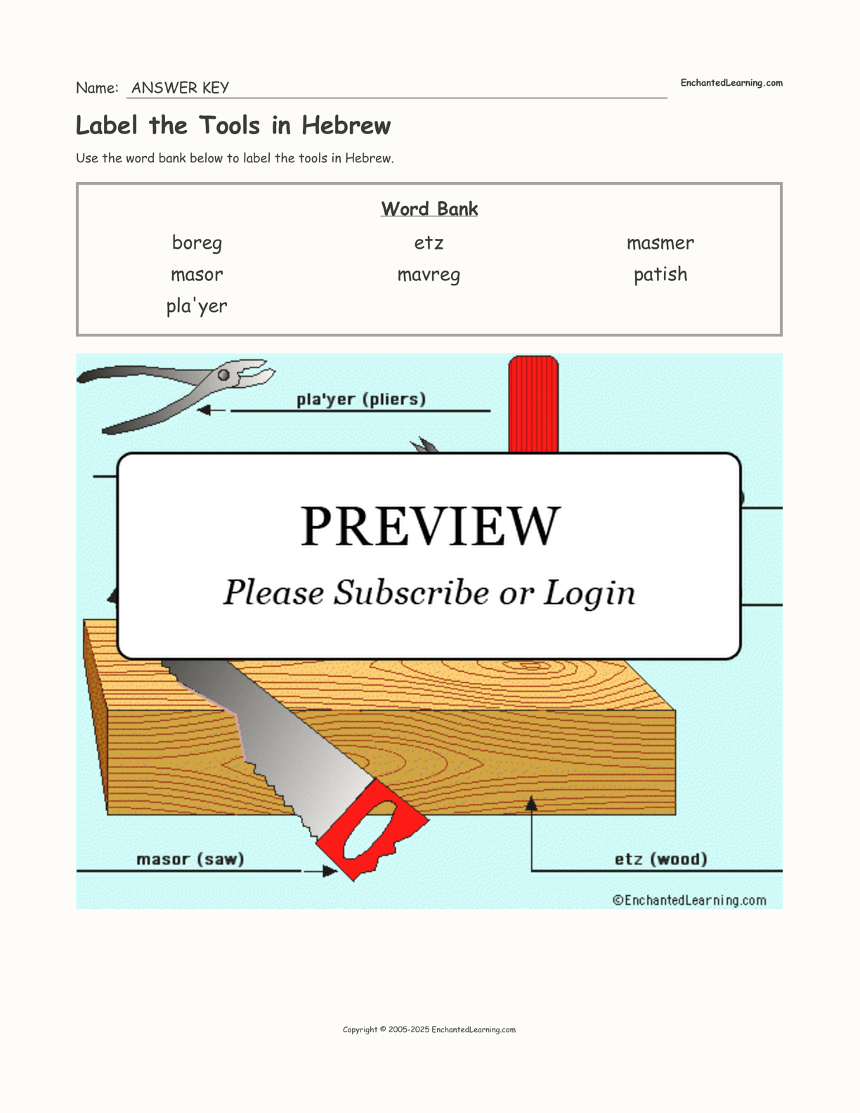 Label the Tools in Hebrew interactive worksheet page 2