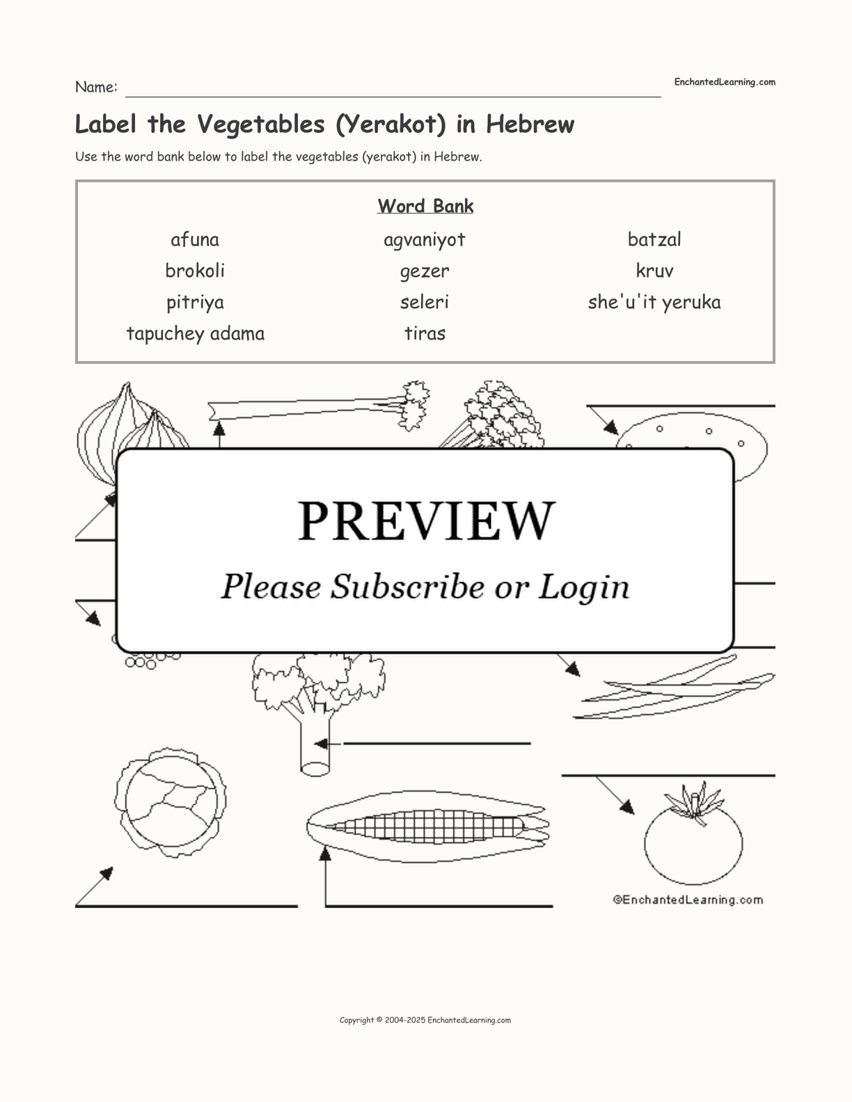 Label the Vegetables (Yerakot) in Hebrew interactive worksheet page 1