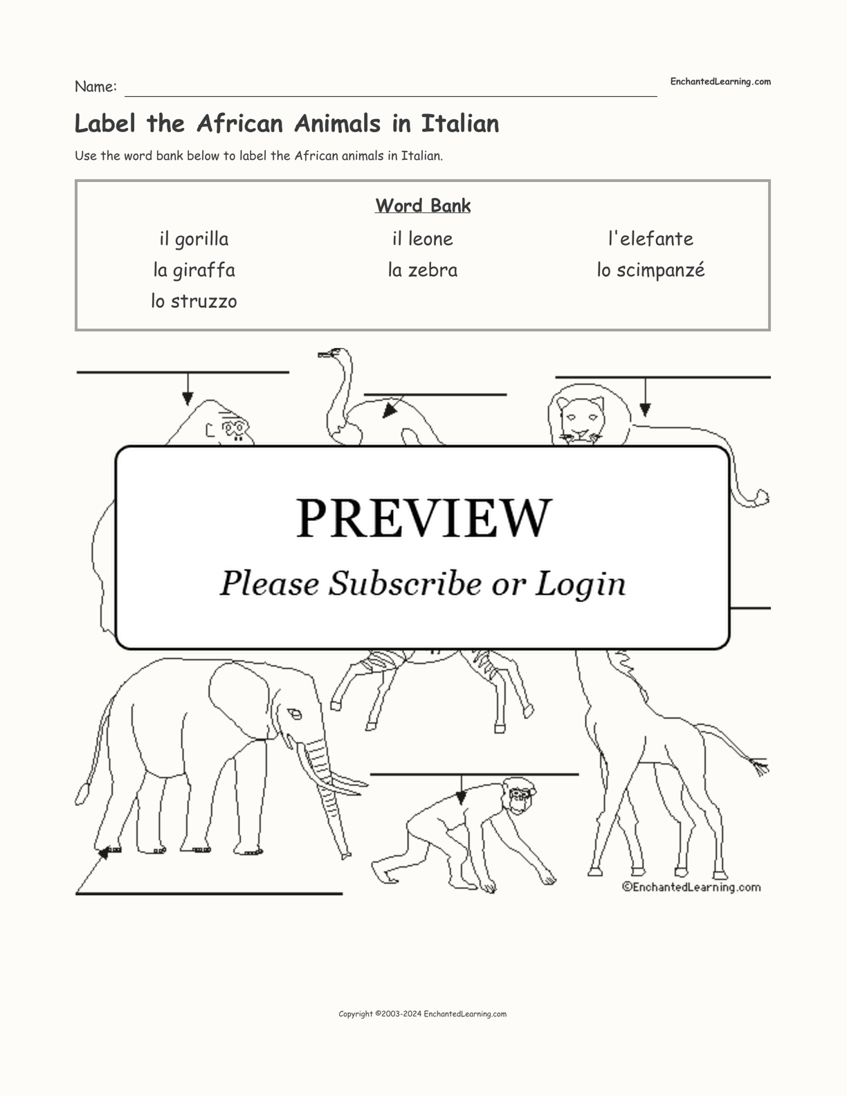 Label the African Animals in Italian interactive worksheet page 1