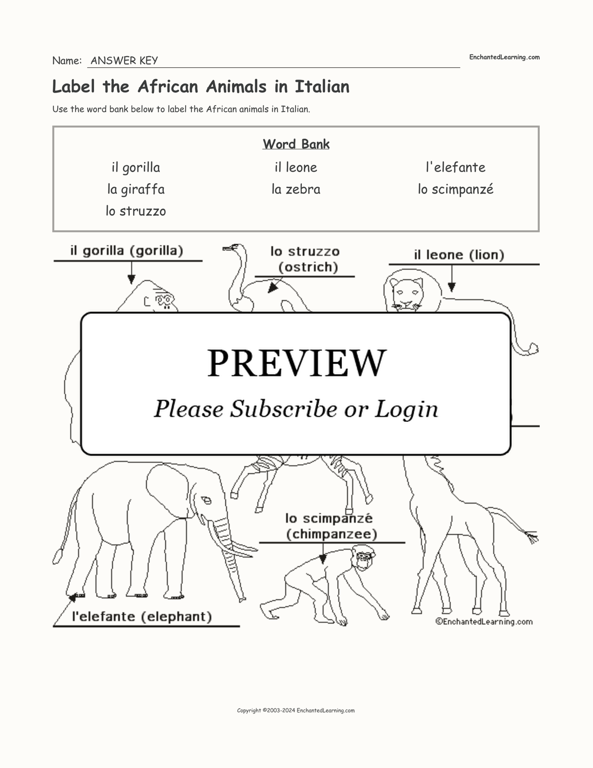 Label the African Animals in Italian interactive worksheet page 2