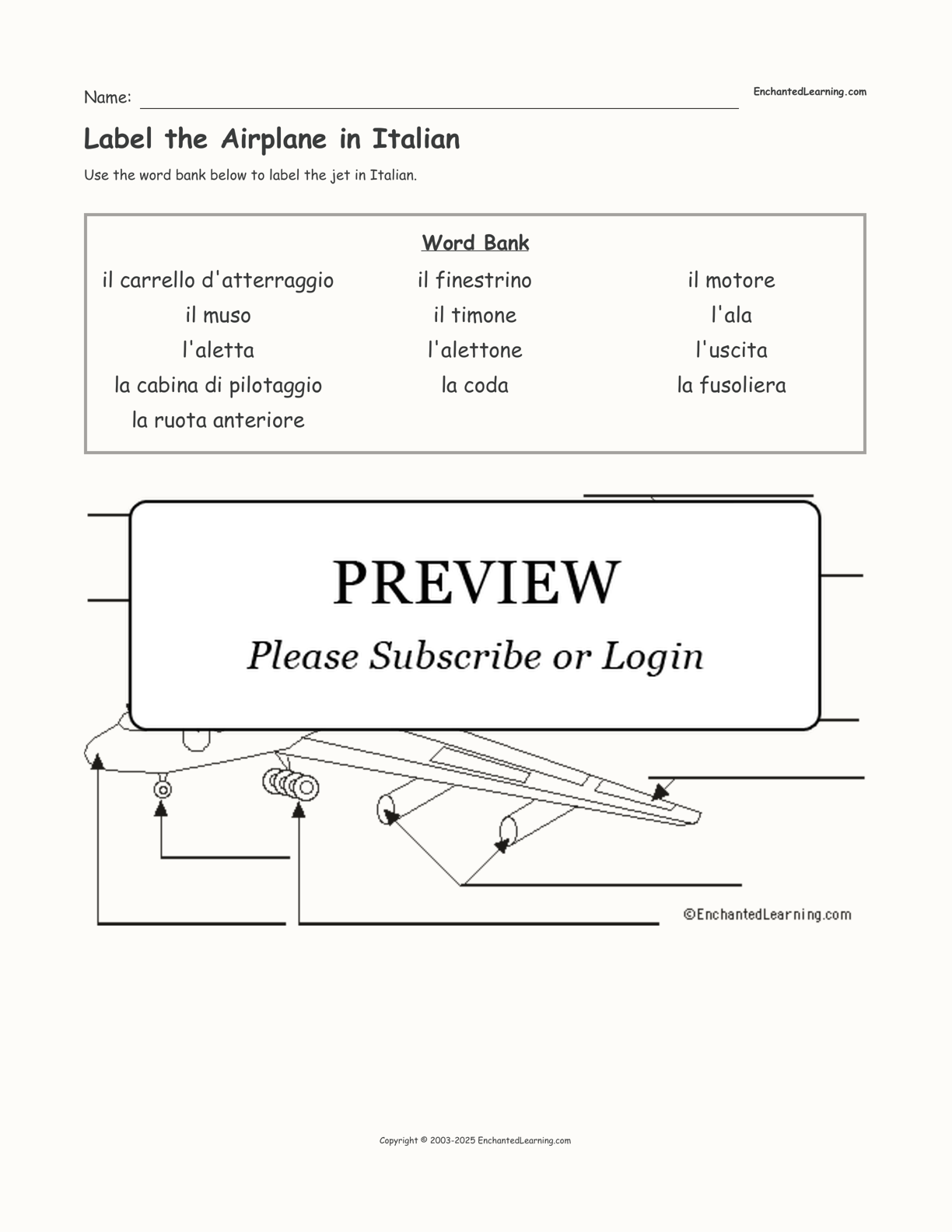 Label the Airplane in Italian interactive worksheet page 1