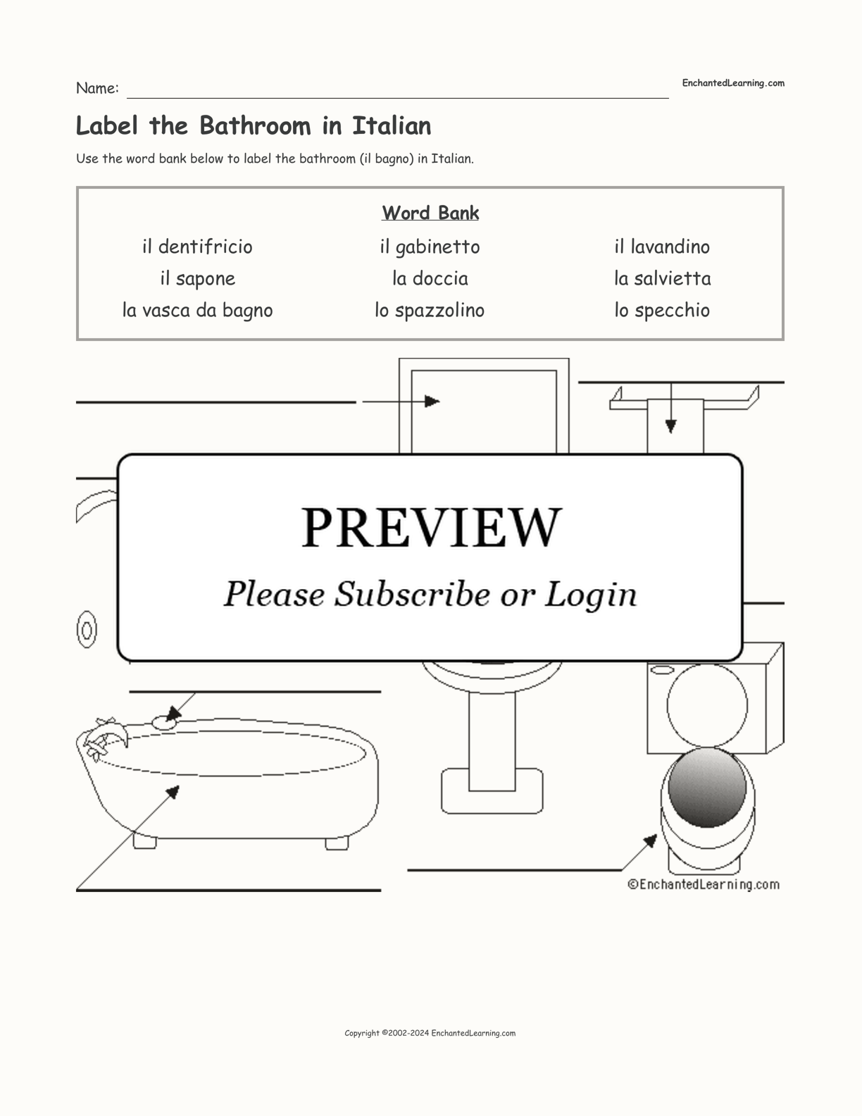 Label the Bathroom in Italian interactive worksheet page 1