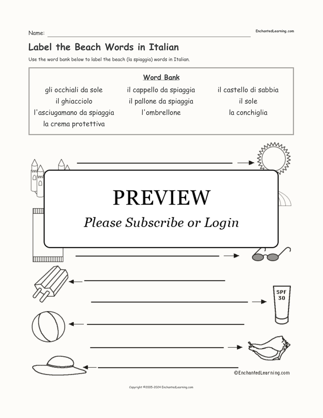 Label the Beach Words in Italian interactive worksheet page 1