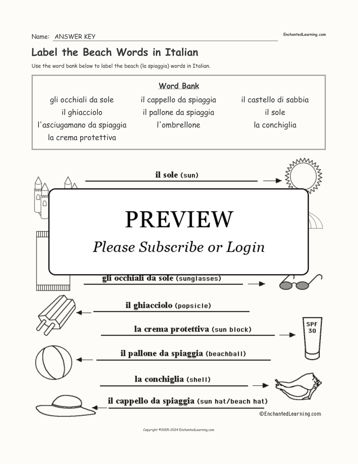 Label the Beach Words in Italian interactive worksheet page 2