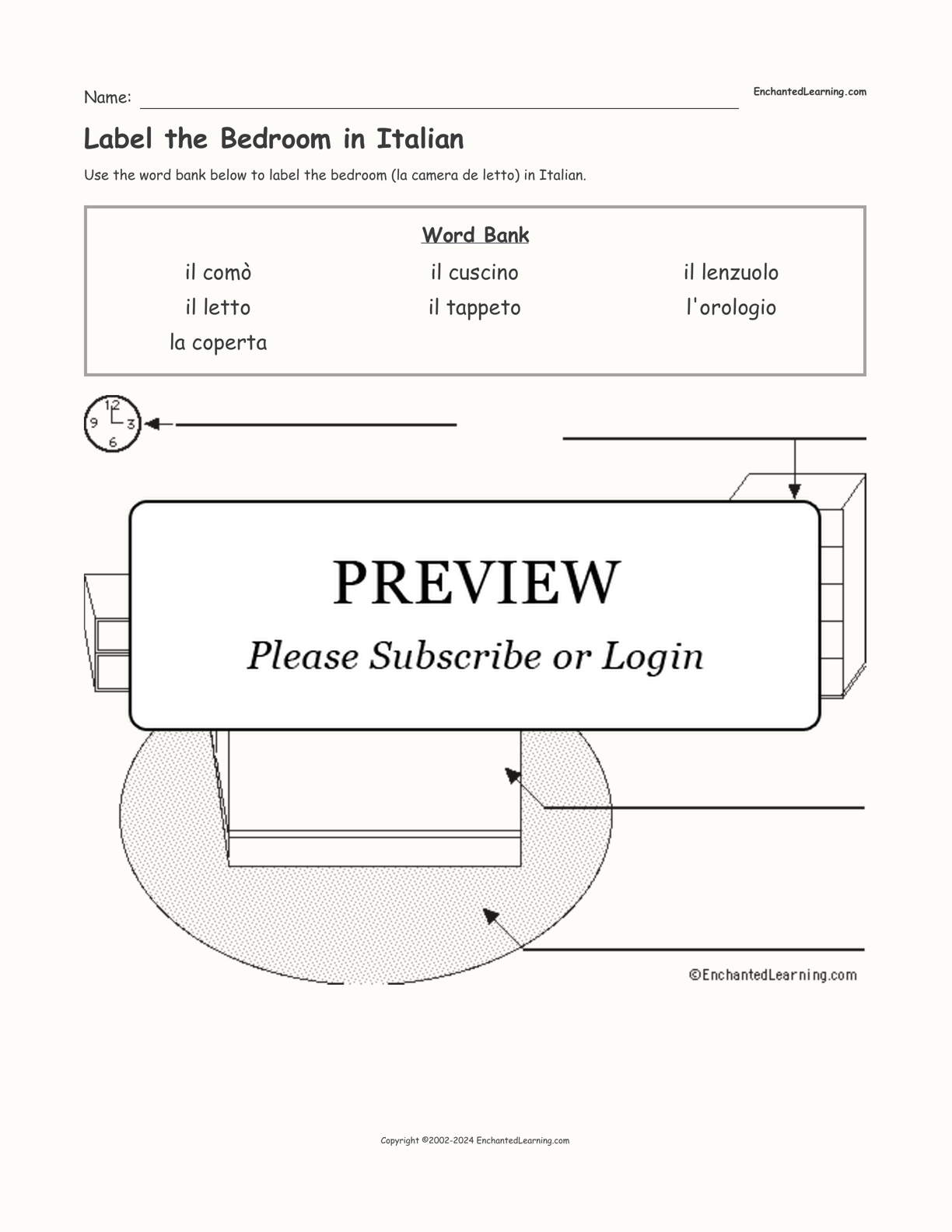 Label the Bedroom in Italian interactive worksheet page 1