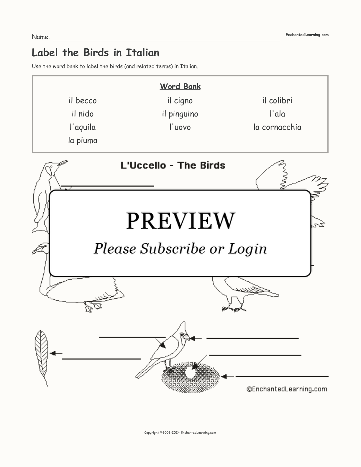 Label the Birds in Italian interactive worksheet page 1