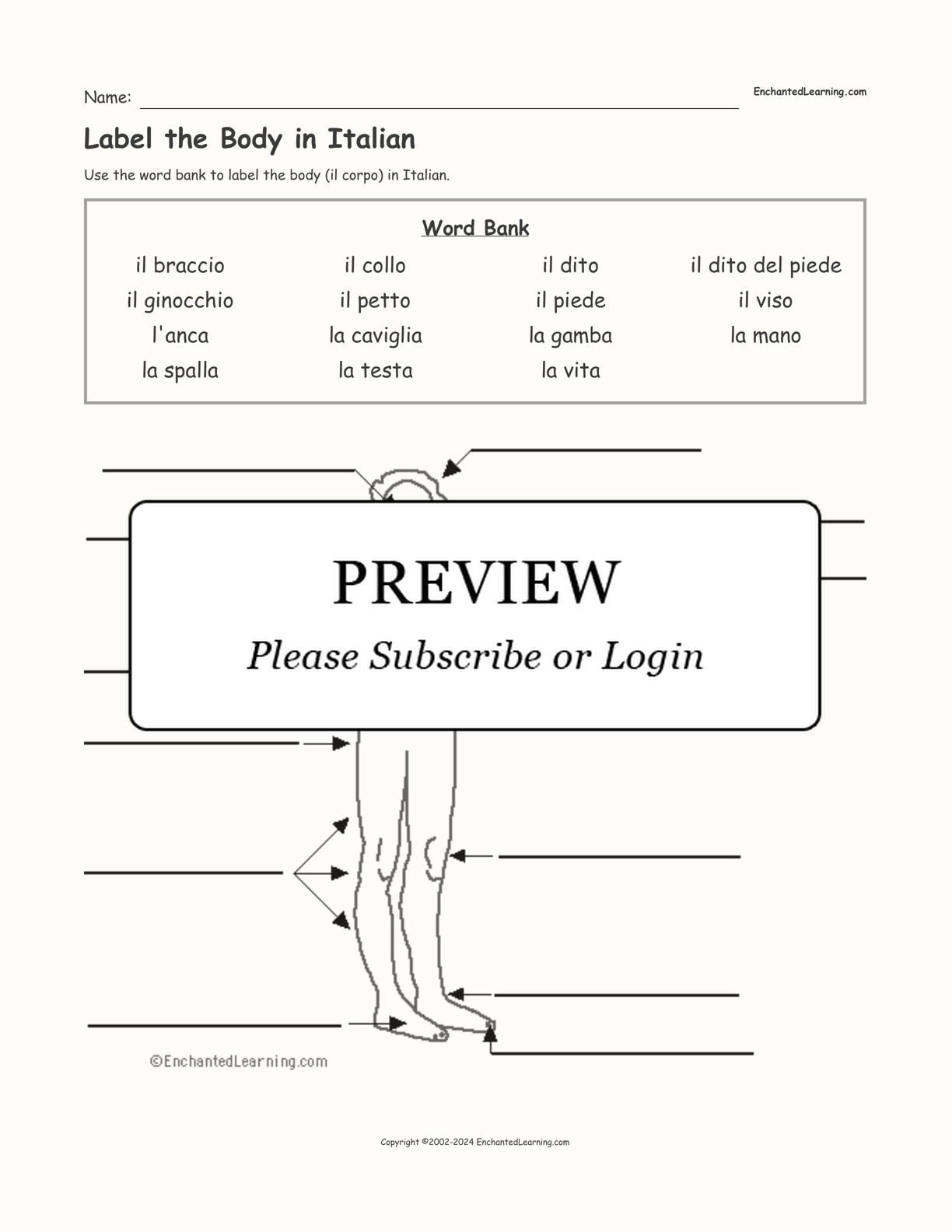 Label the Body in Italian interactive worksheet page 1