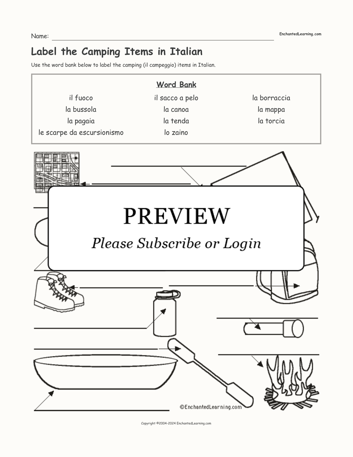 Label the Camping Items in Italian interactive worksheet page 1