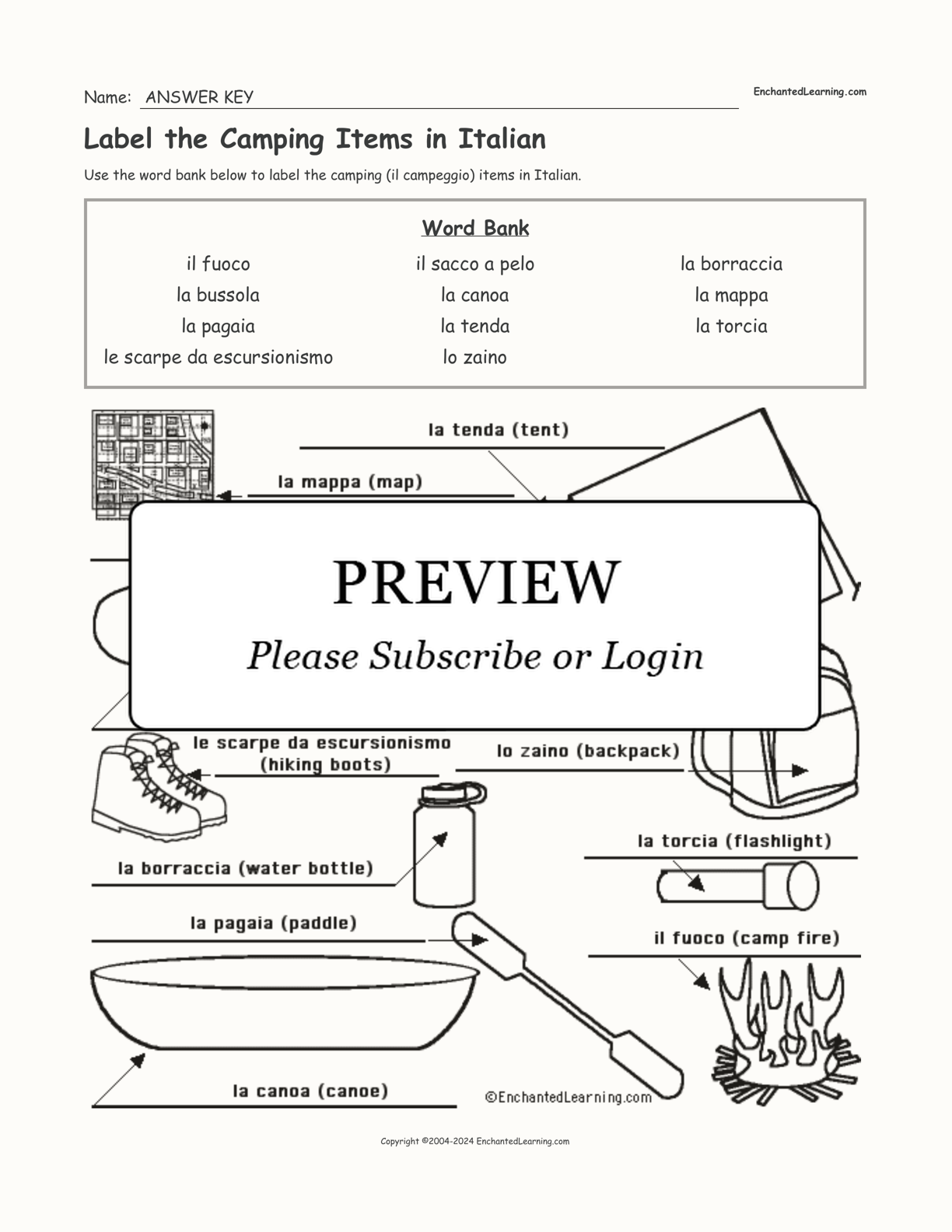 Label the Camping Items in Italian interactive worksheet page 2