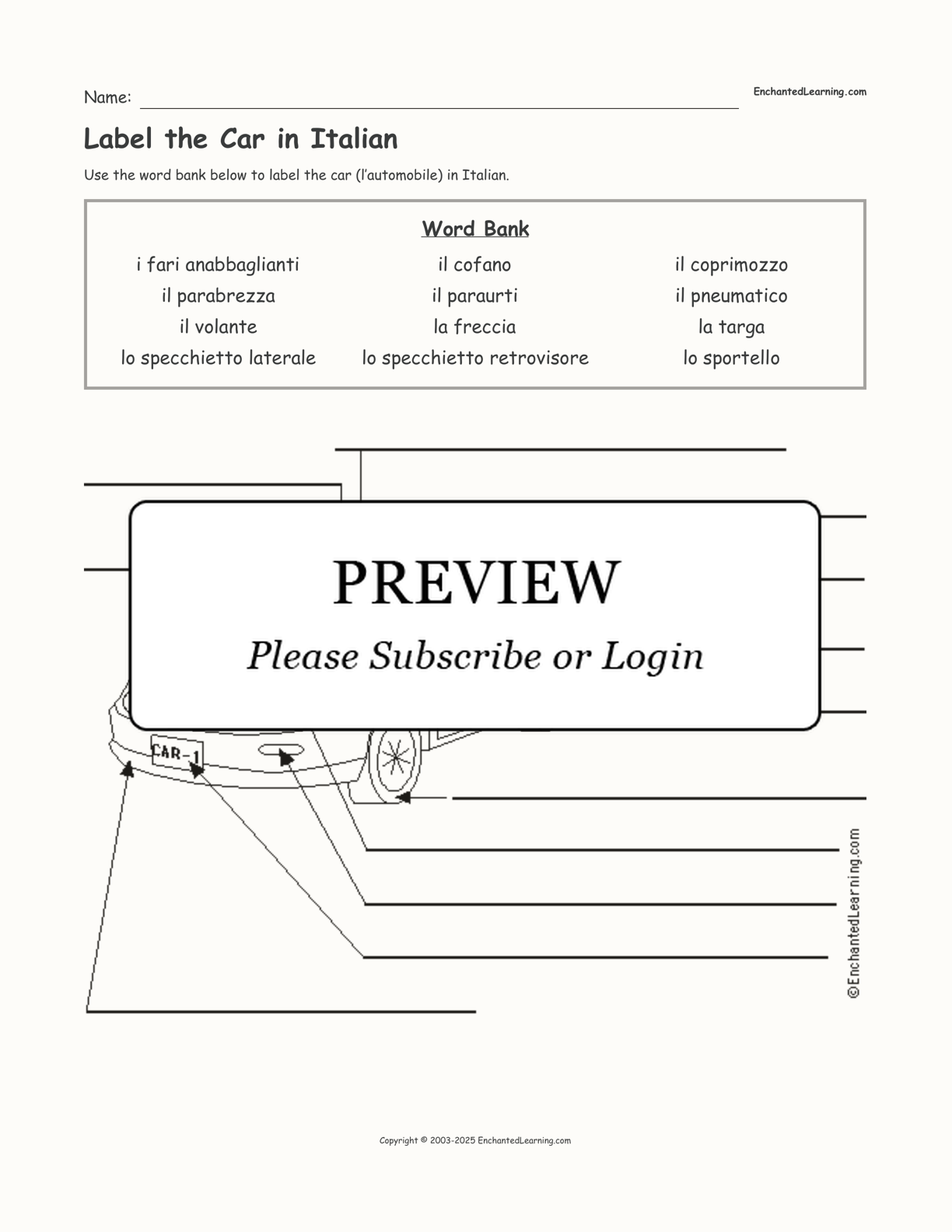 Label the Car in Italian interactive worksheet page 1