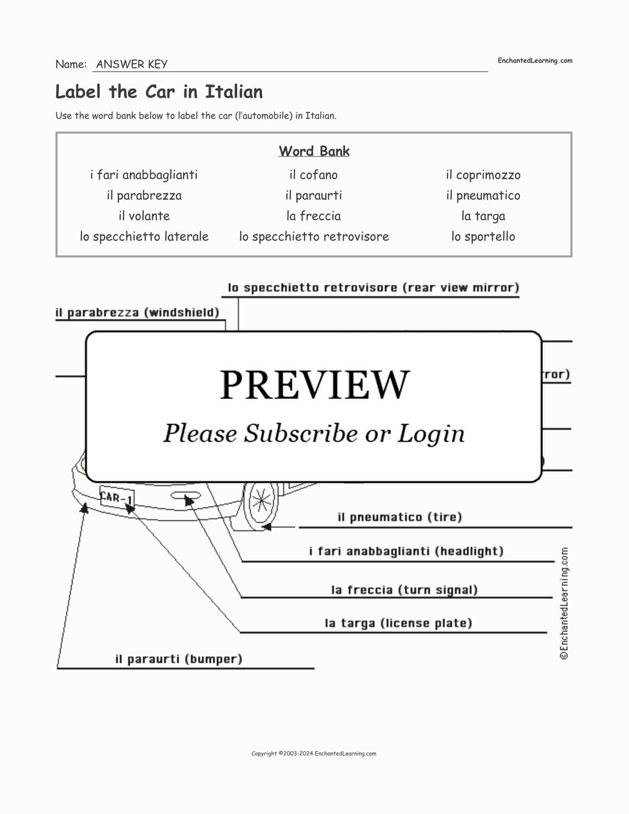 Label the Car in Italian interactive worksheet page 2