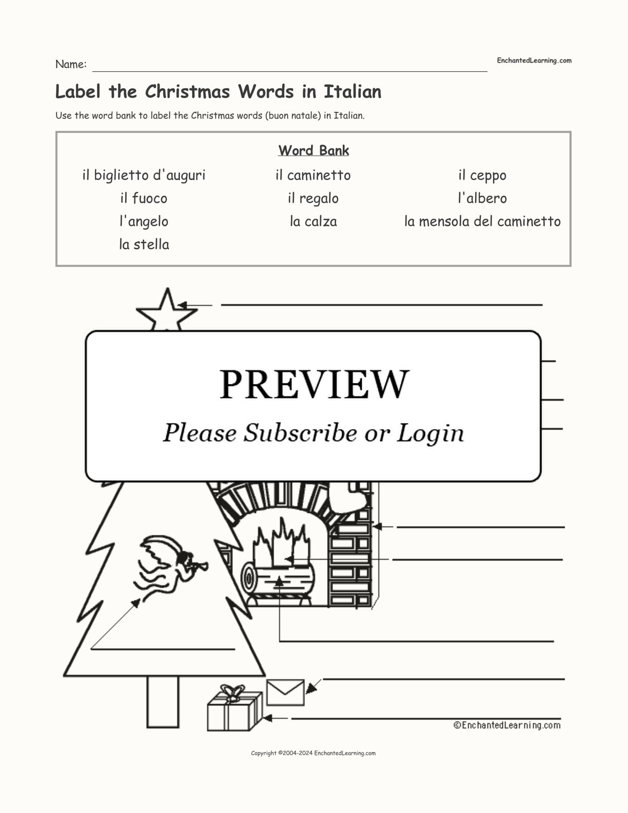 Label the Christmas Words in Italian interactive worksheet page 1