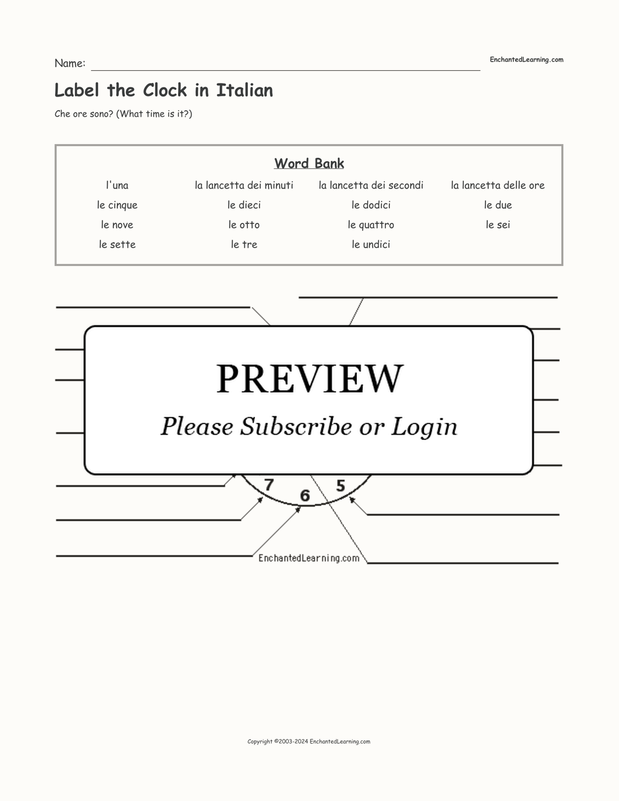 Label the Clock in Italian interactive worksheet page 1