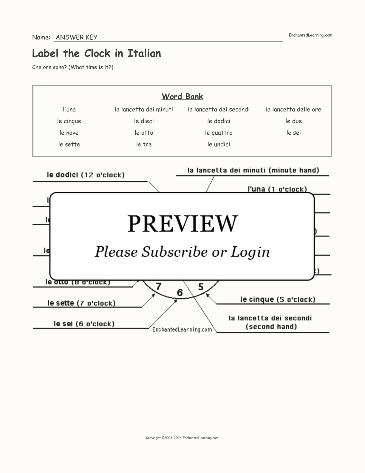 Label the Clock in Italian interactive worksheet page 2
