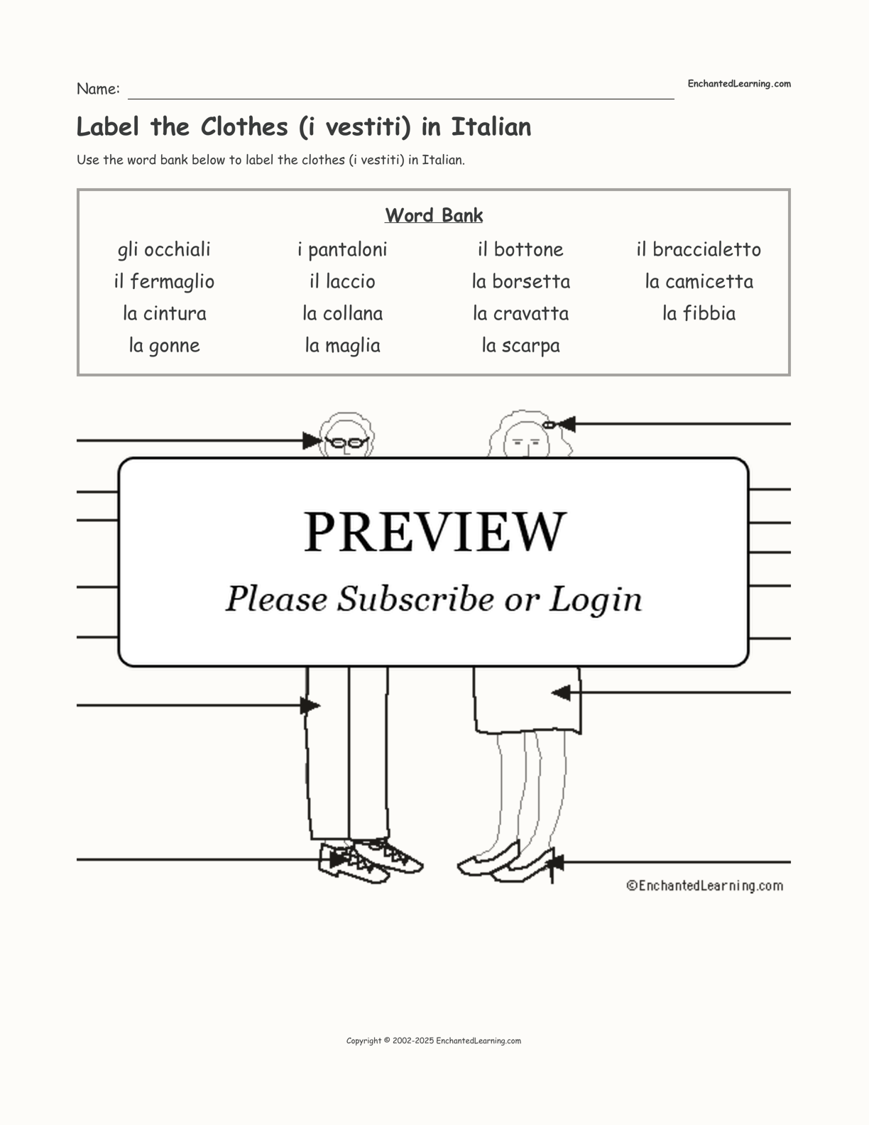 Label the Clothes (i vestiti) in Italian interactive worksheet page 1