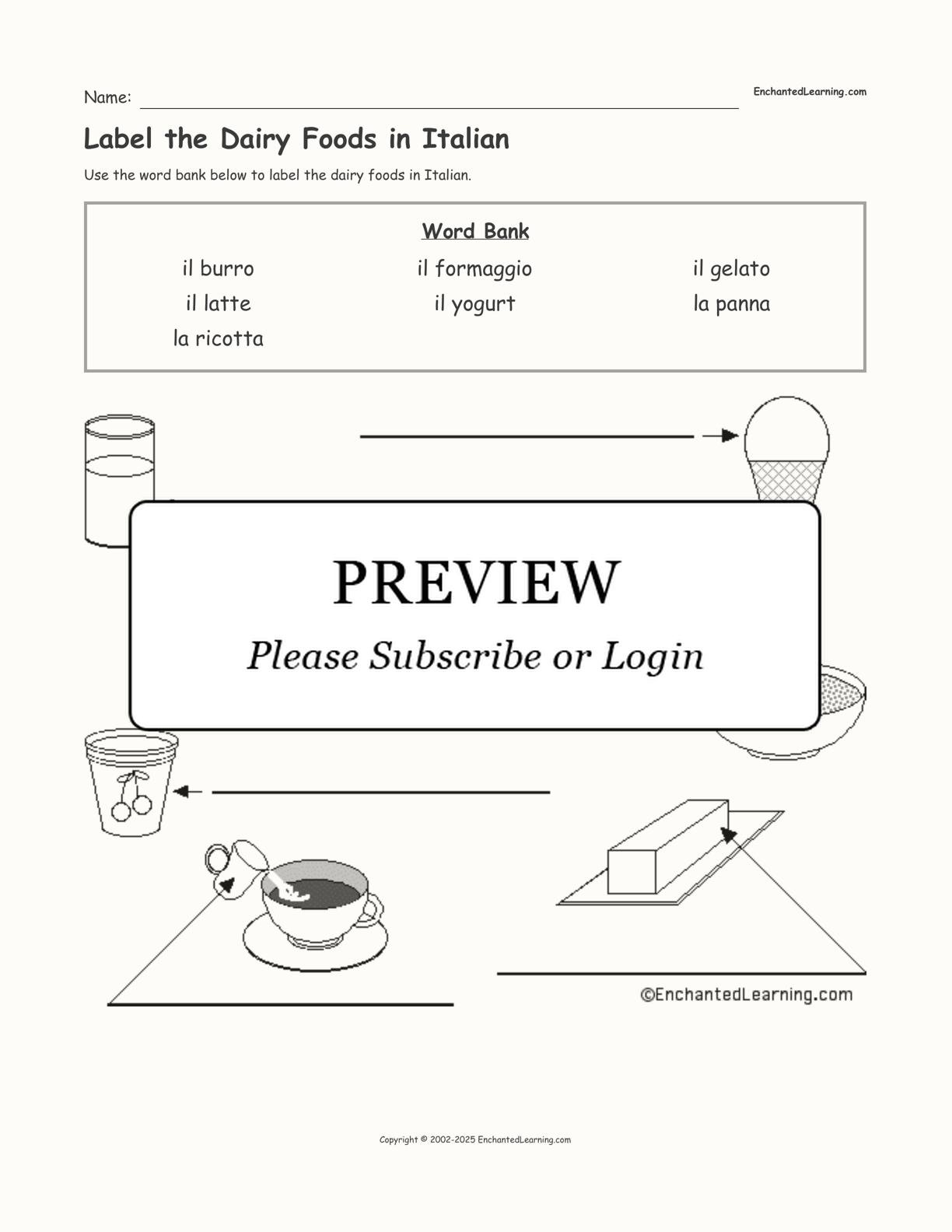 Label the Dairy Foods in Italian interactive worksheet page 1