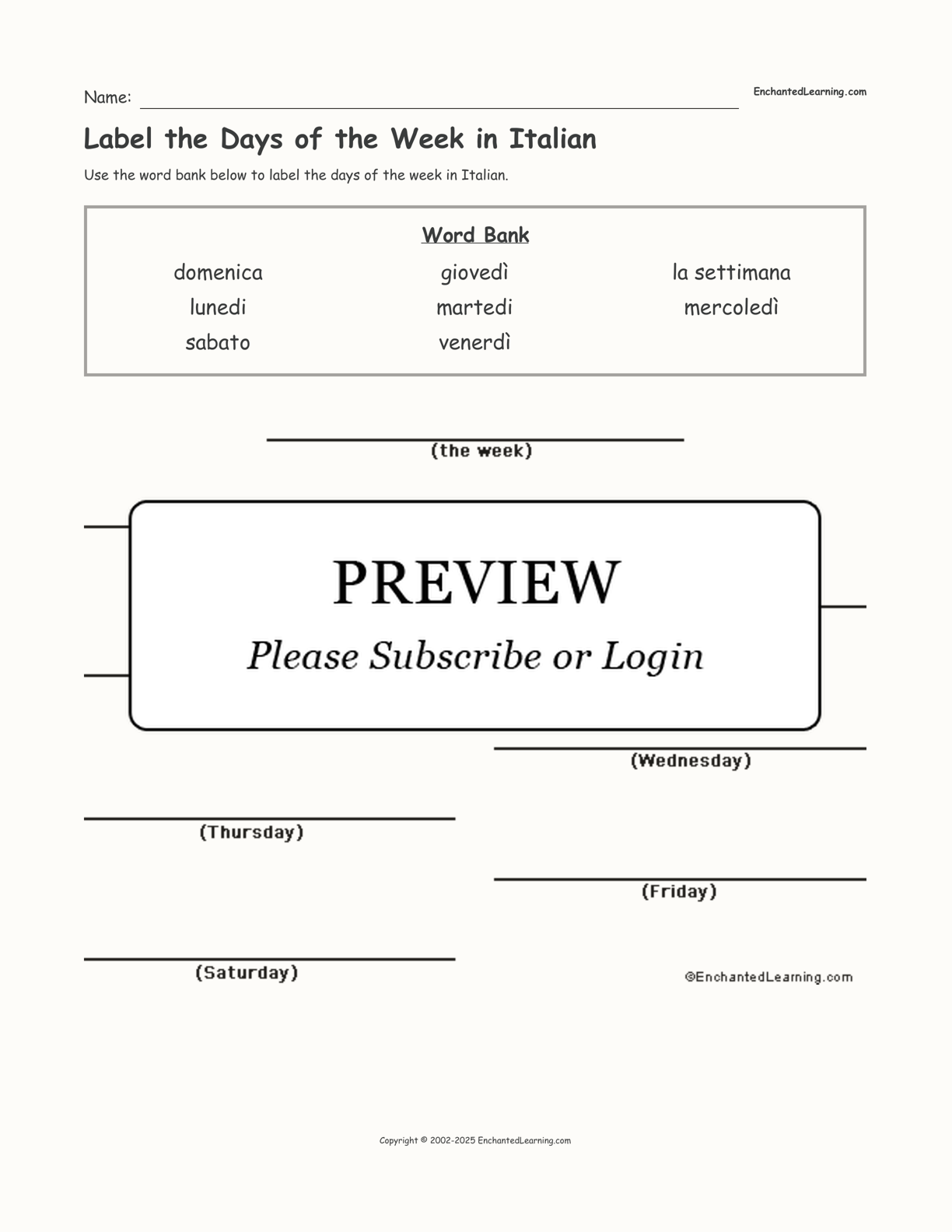 Label the Days of the Week in Italian interactive worksheet page 1