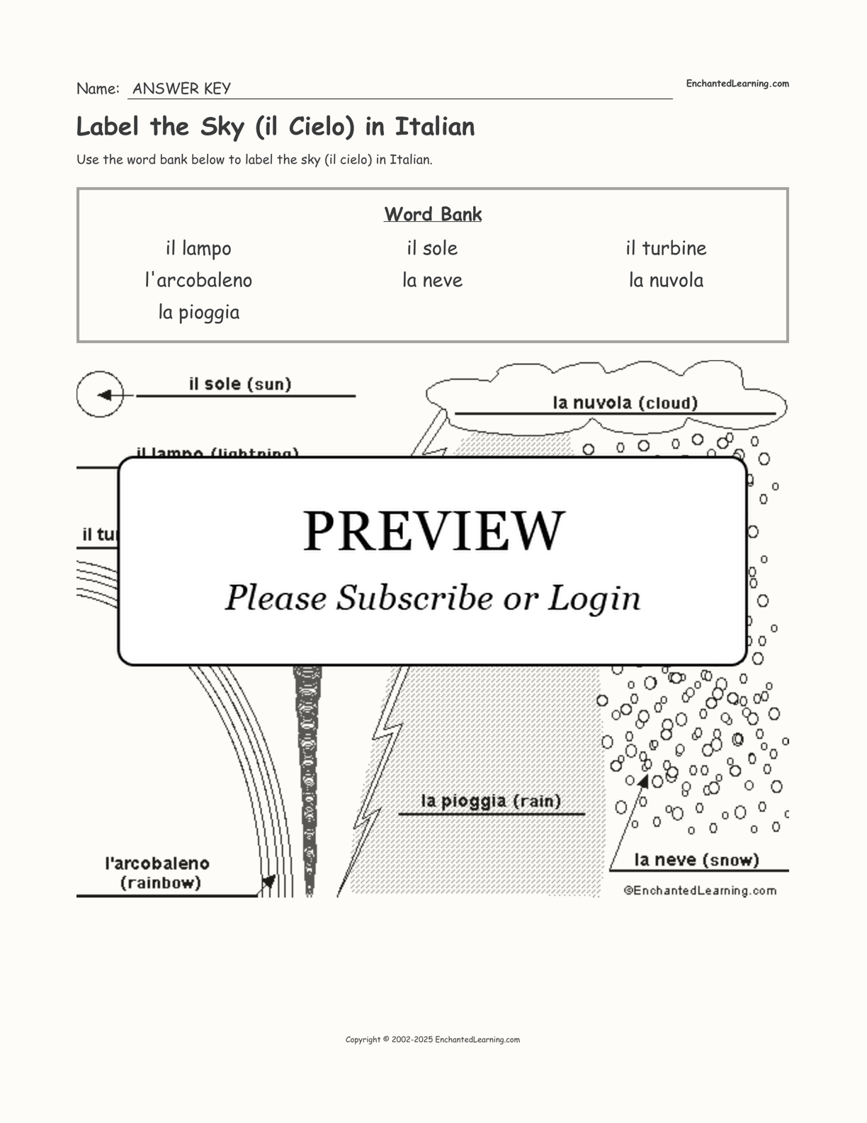 Label the Sky (il Cielo) in Italian interactive worksheet page 2