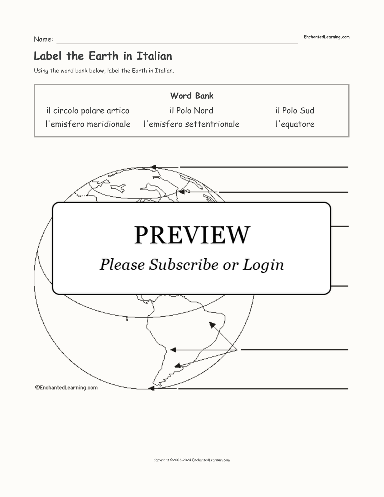 Label the Earth in Italian interactive worksheet page 1