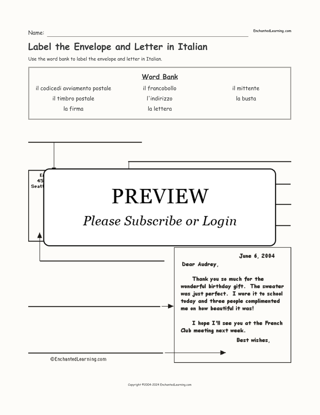 Label the Envelope and Letter in Italian interactive worksheet page 1