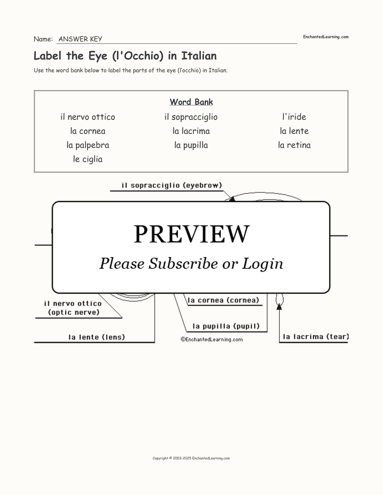 Label the Eye (l'Occhio) in Italian interactive worksheet page 2