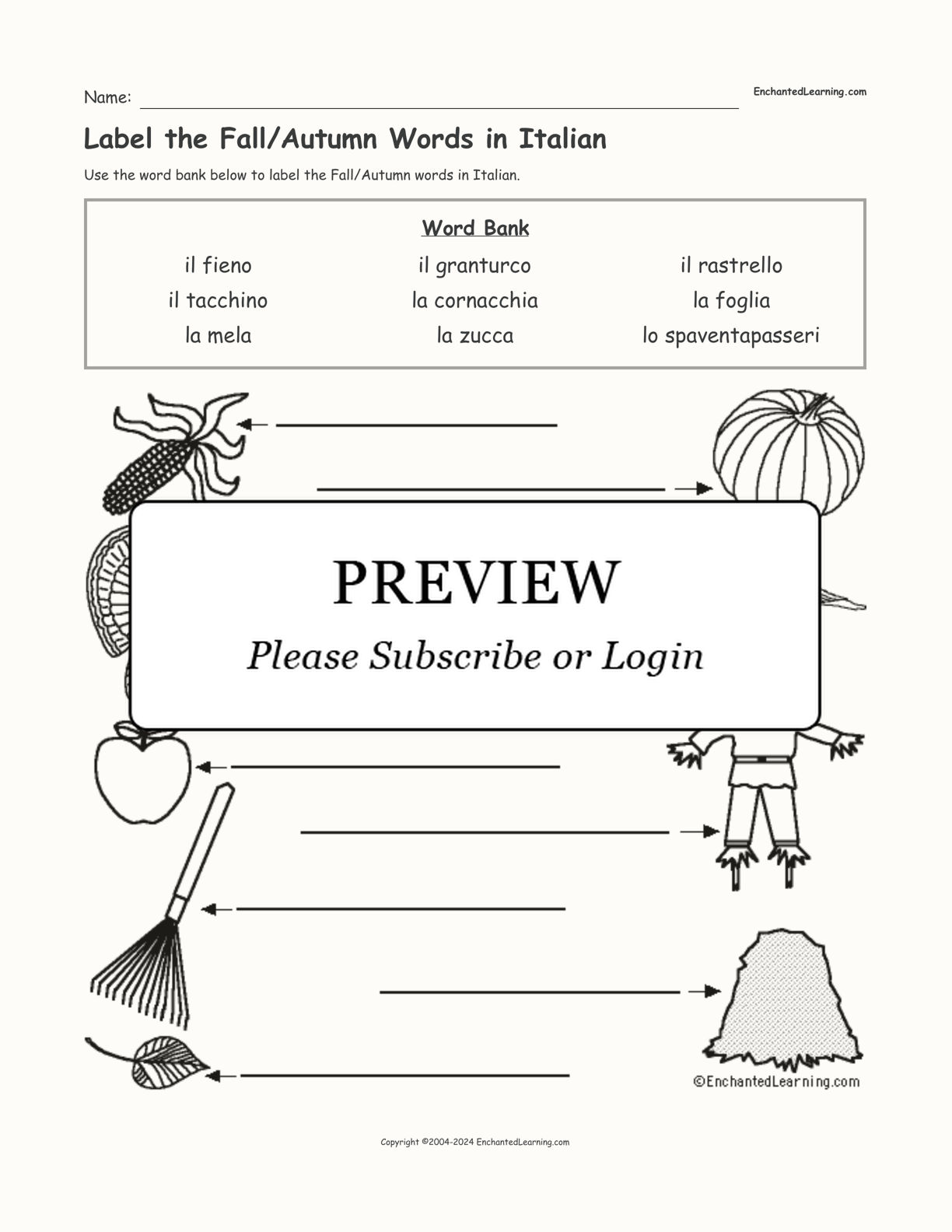 Label the Fall/Autumn Words in Italian interactive worksheet page 1