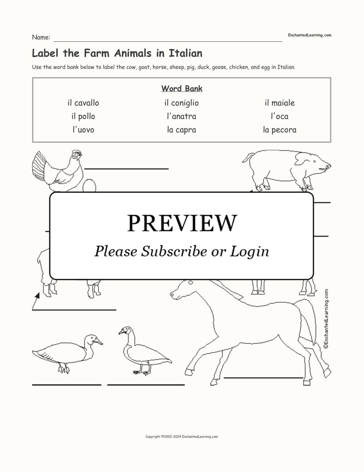 Label the Farm Animals in Italian interactive worksheet page 1