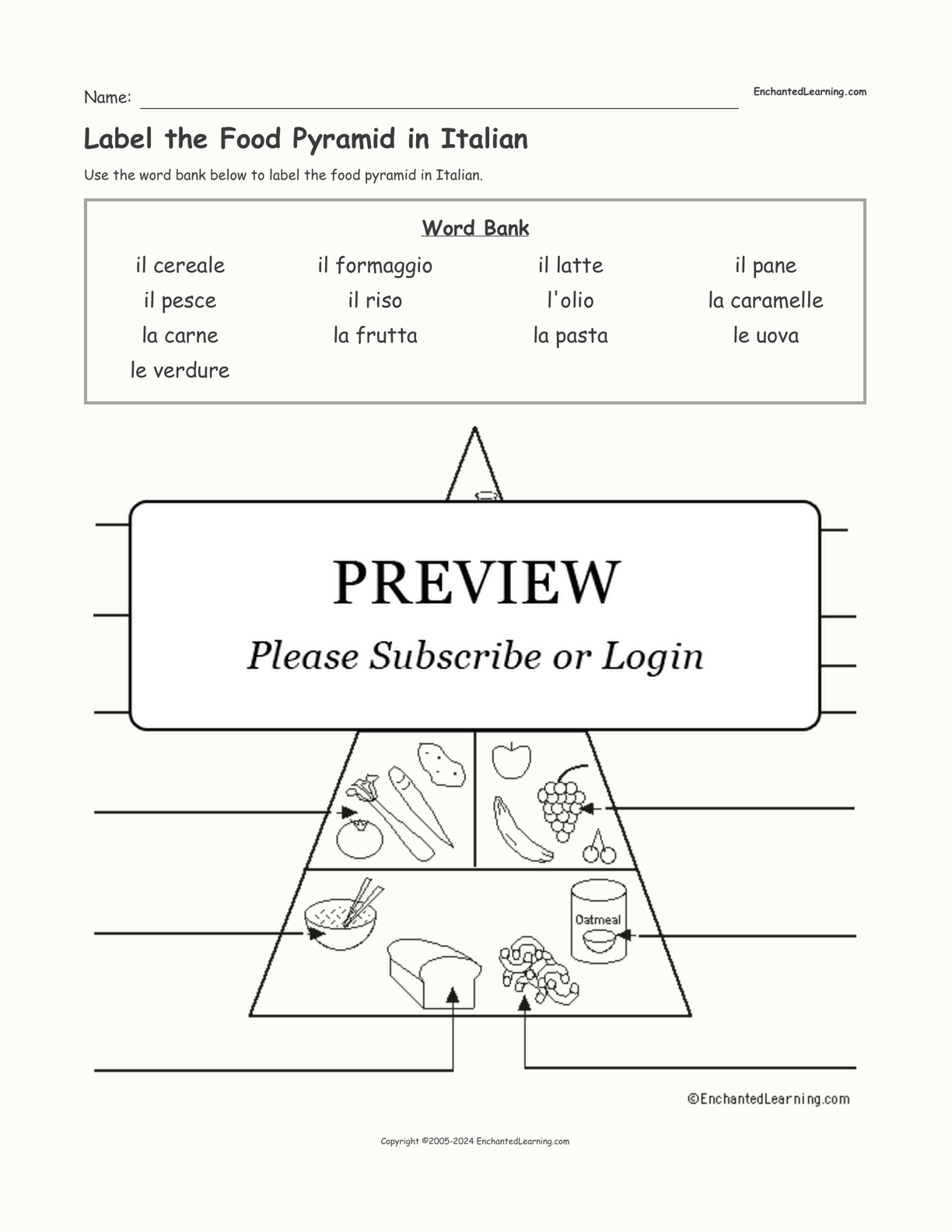 Label the Food Pyramid in Italian interactive worksheet page 1