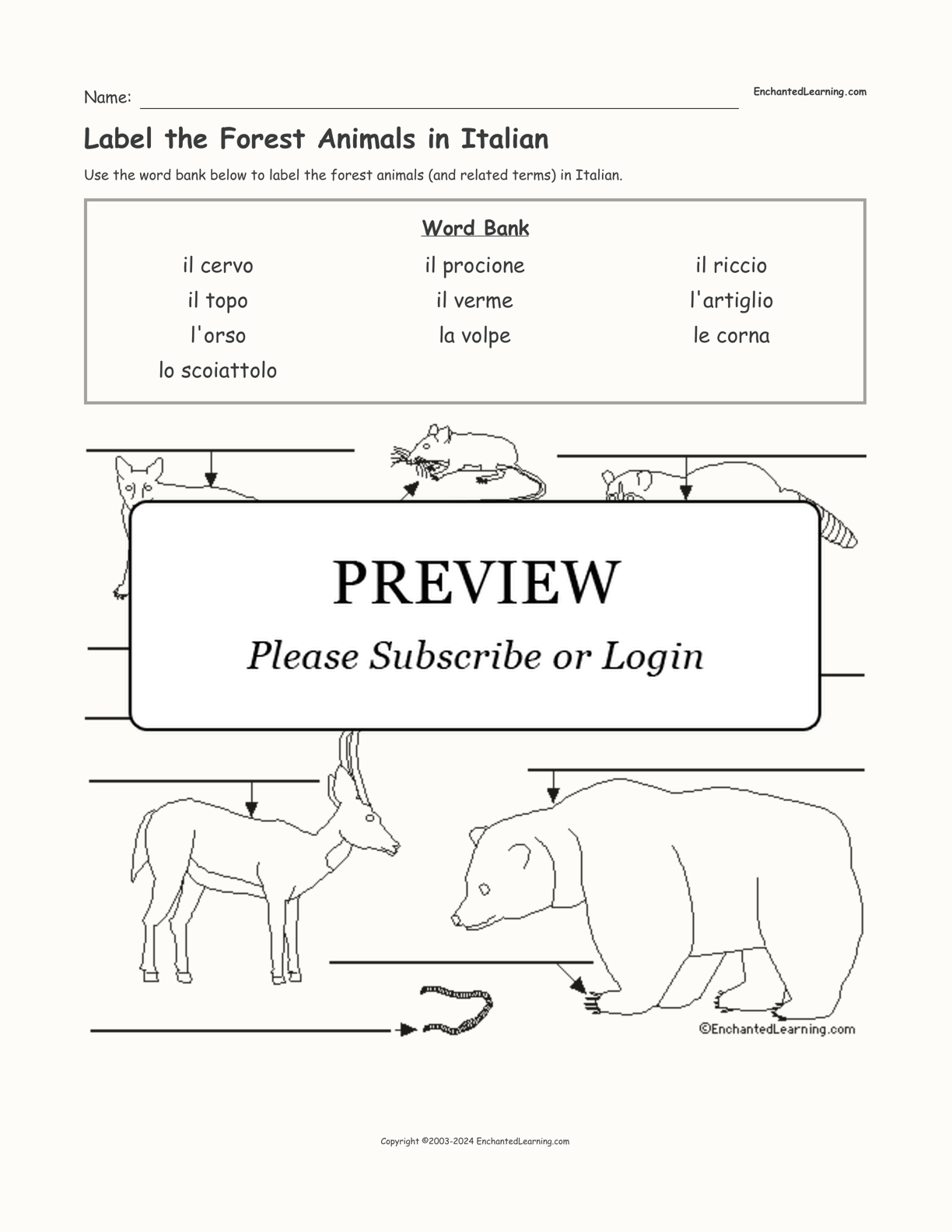 Label the Forest Animals in Italian interactive worksheet page 1