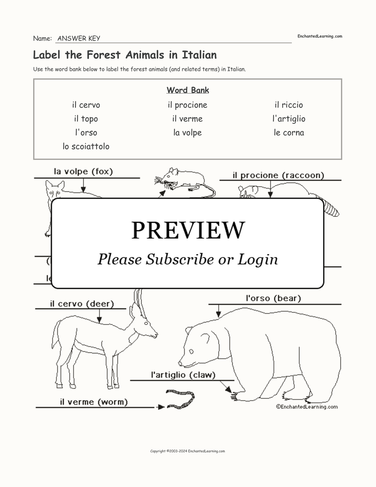 Label the Forest Animals in Italian interactive worksheet page 2