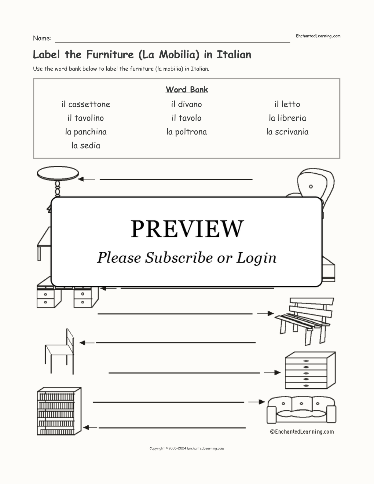 Label the Furniture (La Mobilia) in Italian interactive worksheet page 1