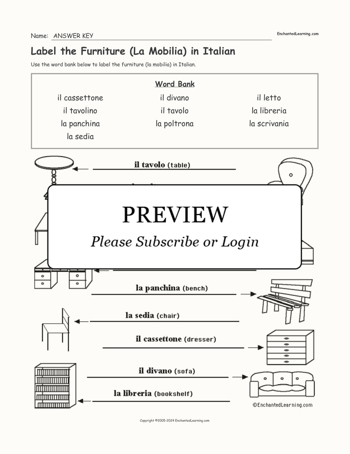 Label the Furniture (La Mobilia) in Italian interactive worksheet page 2