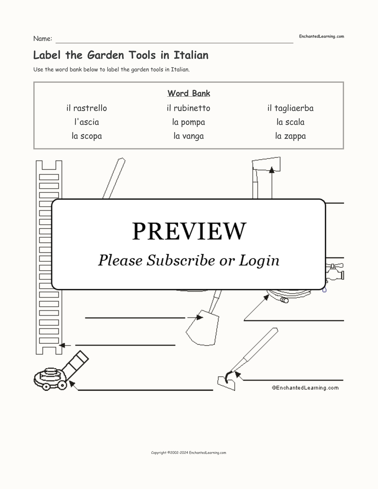 Label the Garden Tools in Italian interactive worksheet page 1