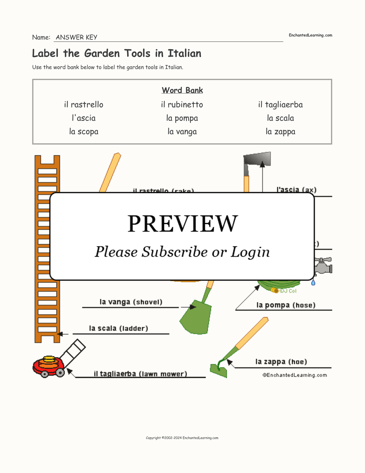 Label the Garden Tools in Italian interactive worksheet page 2