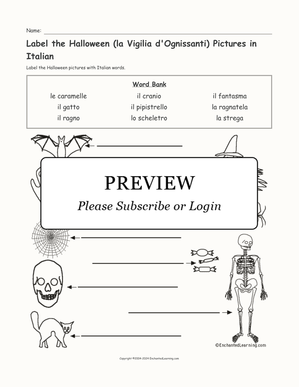 Label the Halloween (la Vigilia d'Ognissanti) Pictures in Italian interactive worksheet page 1