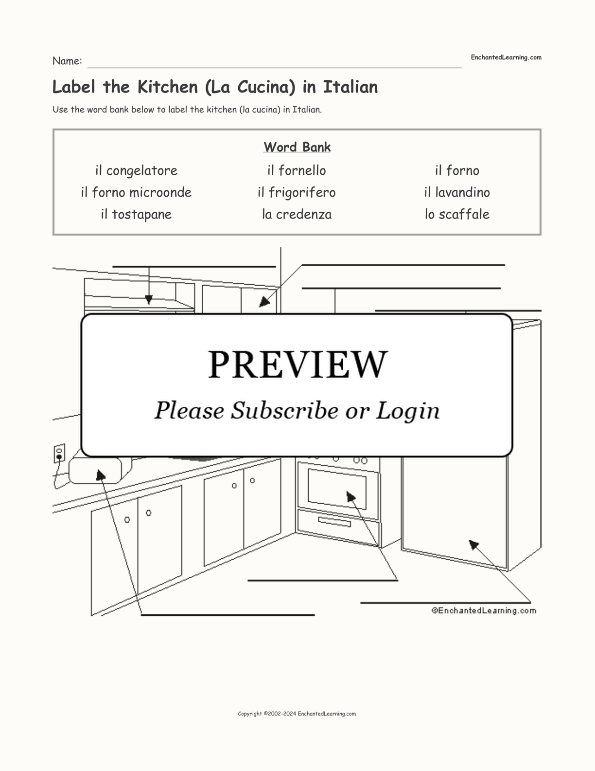 Label the Kitchen (La Cucina) in Italian interactive worksheet page 1