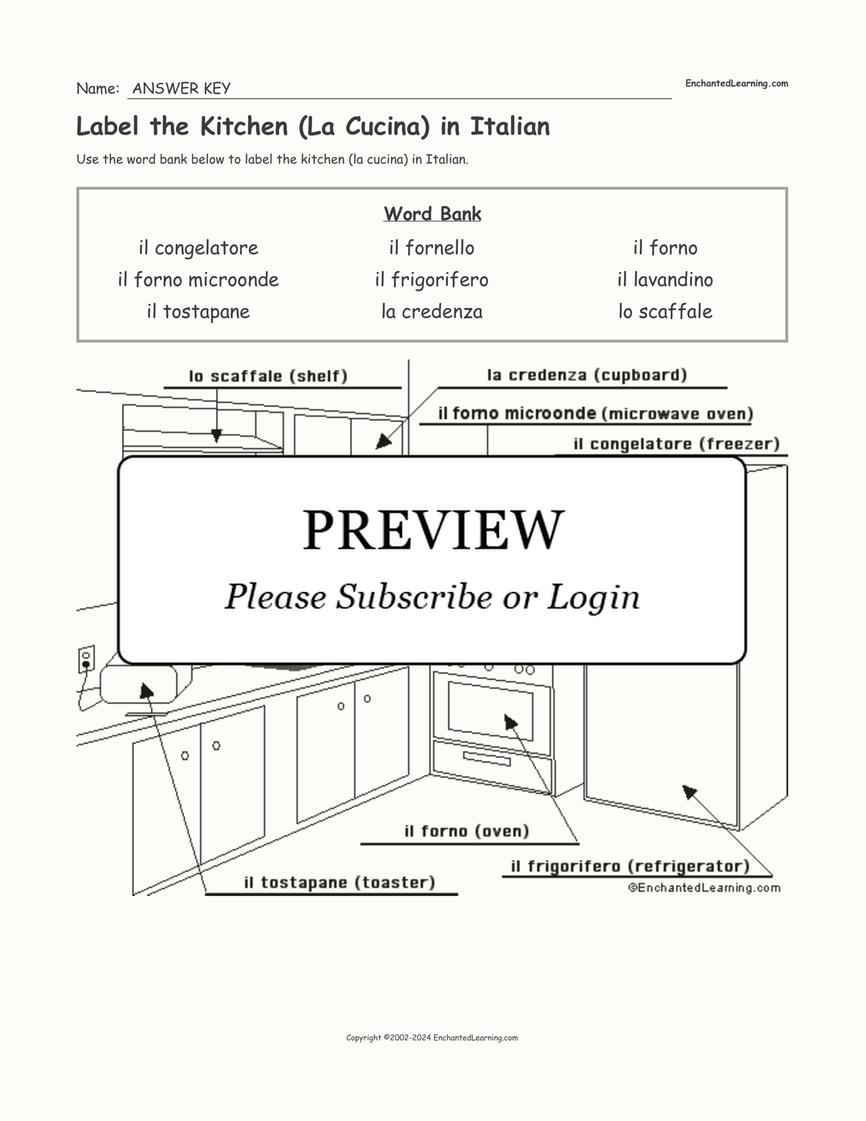 Label the Kitchen (La Cucina) in Italian interactive worksheet page 2