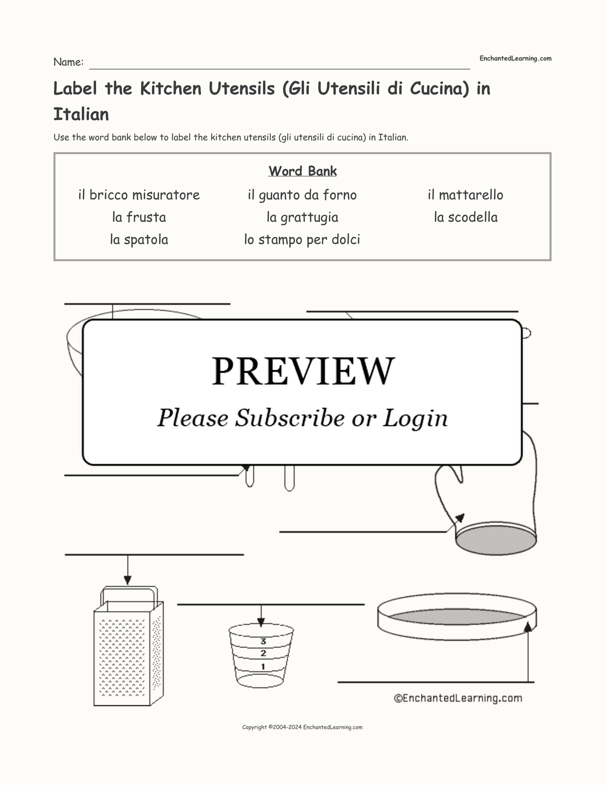 Label the Kitchen Utensils (Gli Utensili di Cucina) in Italian interactive worksheet page 1