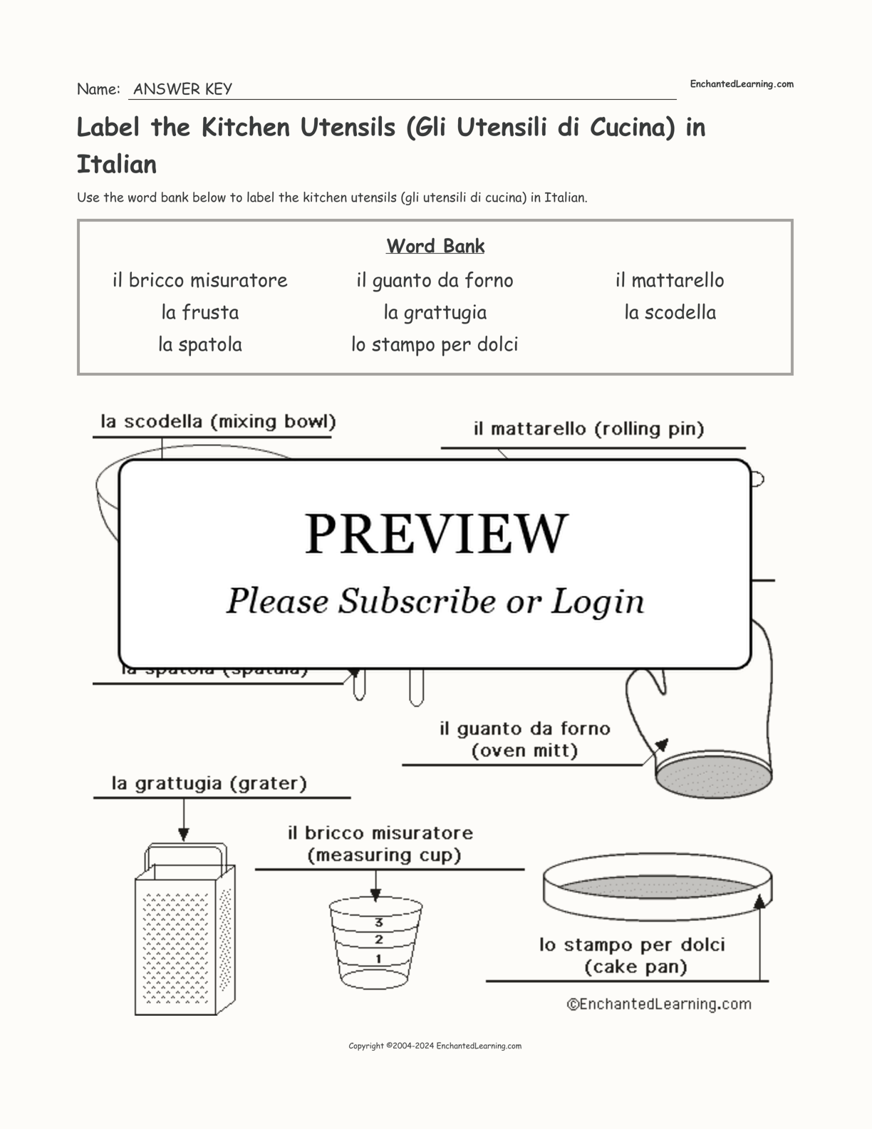 Label the Kitchen Utensils (Gli Utensili di Cucina) in Italian interactive worksheet page 2