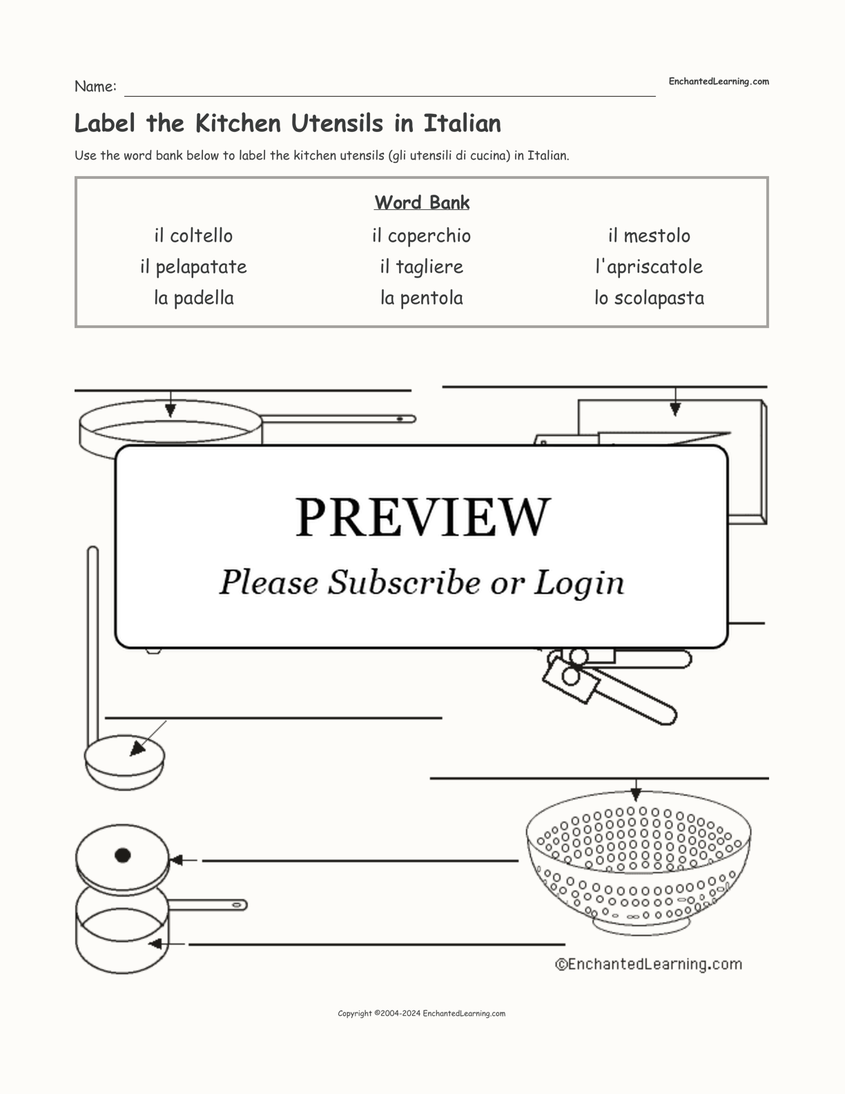 Label the Kitchen Utensils in Italian interactive worksheet page 1